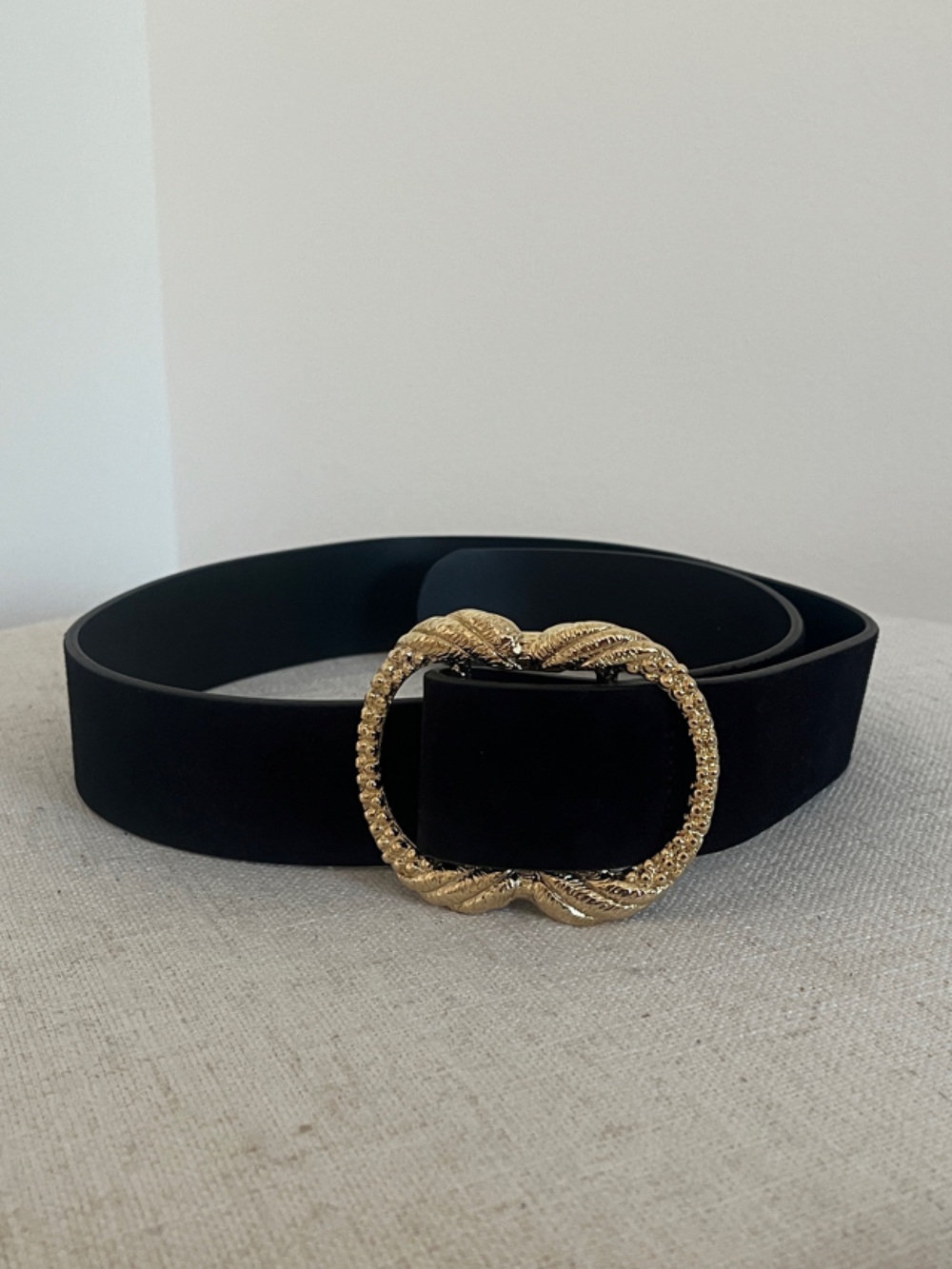 Sézane Black Suede Belt with Gold Twisted Rope Buckle